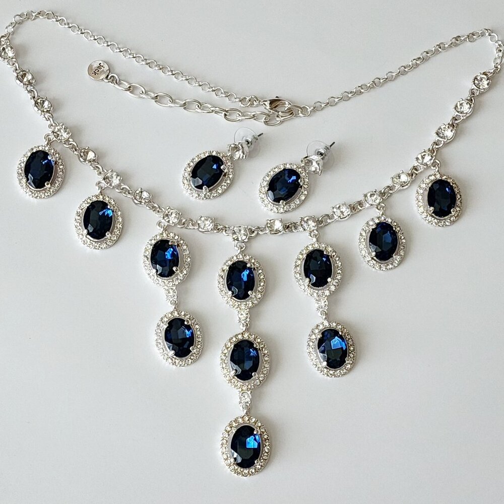 Bella Jack Statement Necklace Earrings Set Blue Faceted Glass Clear Rhinestones
